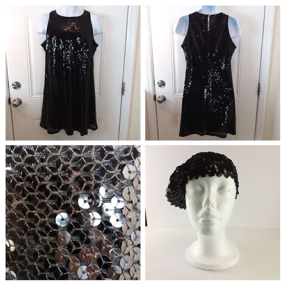 Tiana B. Black sequin sleeveless fully lined dress with matching beret